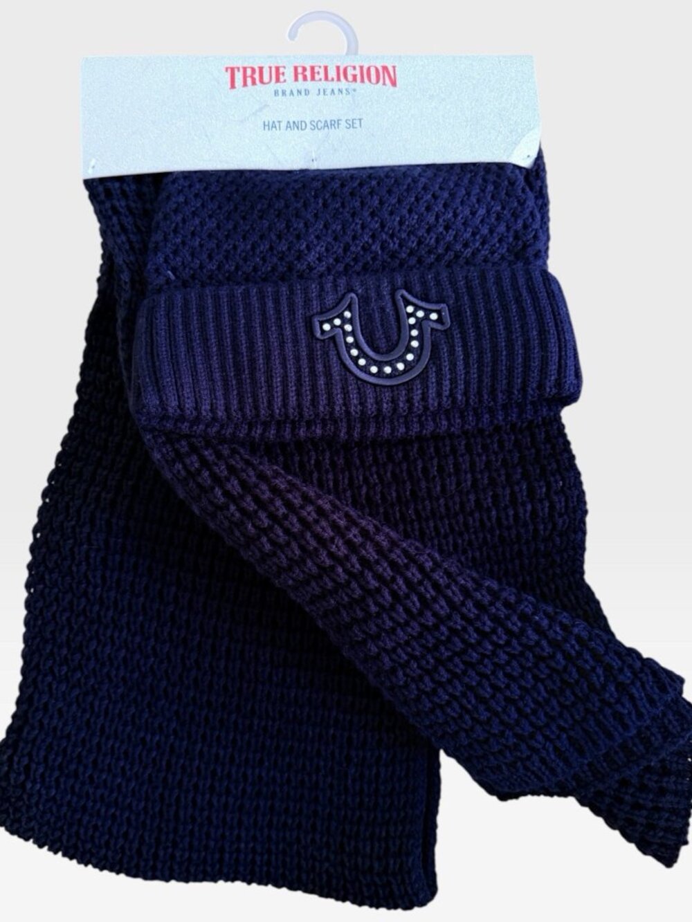 True Religion Black Knit Logo Beanie & Scarf Set One Size
